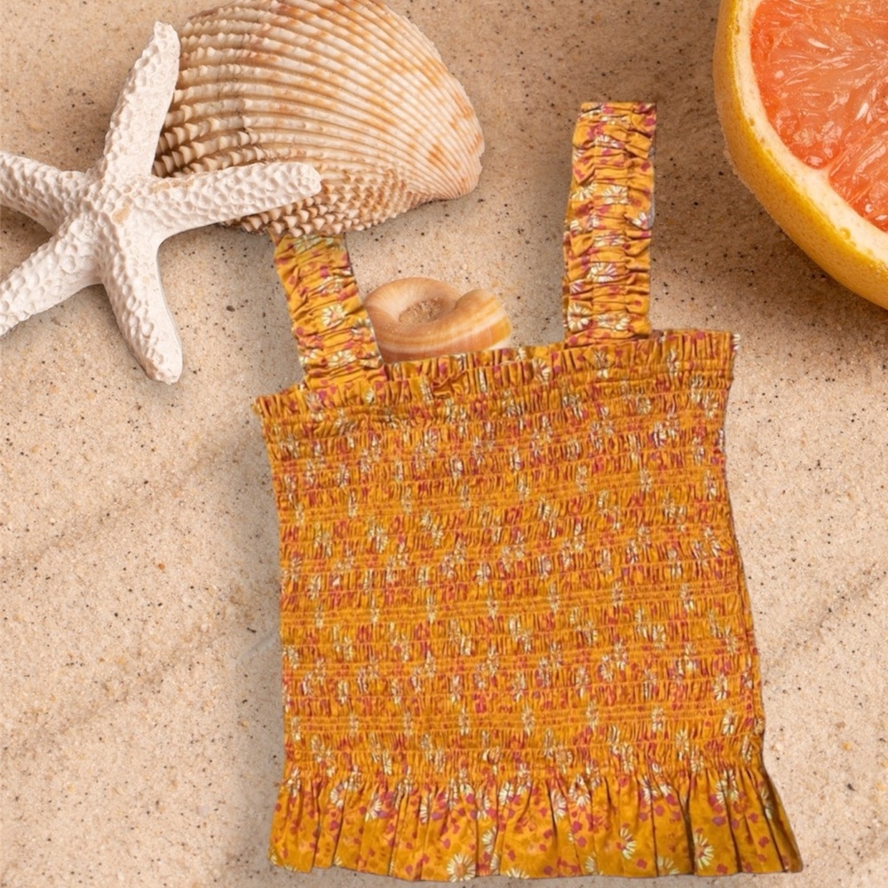 WAYF Smocked Ruffle Hem Top, Orange Yellow Floral Print 100% Cotton, Size Medium